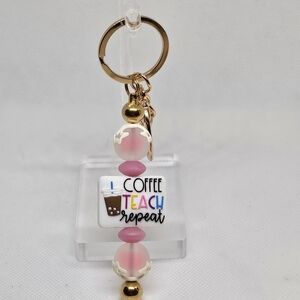NWT Coffee Teach and Repeat Bling and Beaded Goldtone Keychain